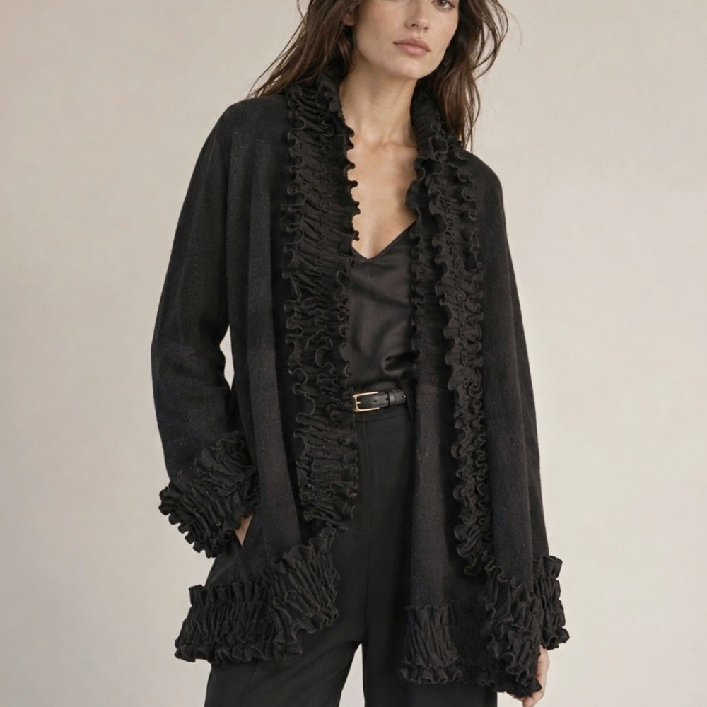 Angel Apparel Merino Wool Cardigan Ruffle XL Black Open Front Long Luxury Boho